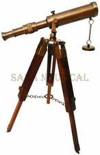 Antique Brass Telescope With Collectible With Wooden Tripod Stand Vintage Decor