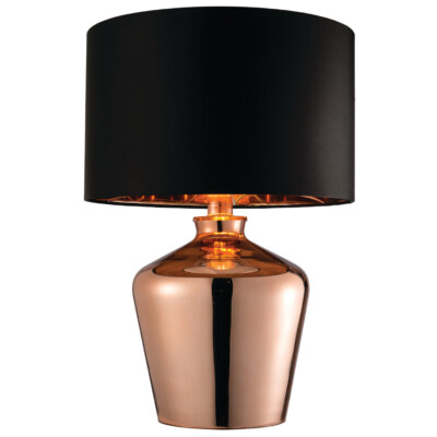 Moderne Spiegel Tischlampe Hochglanz Kupfer Glas & schwarzer Schirm Funktion Nachttischlampe