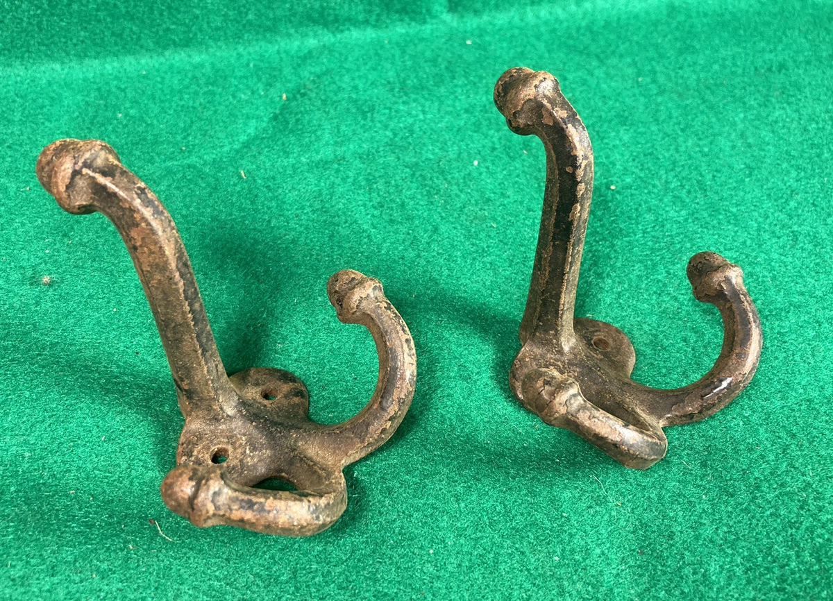 Two Vintage Antique Cast Iron Hat Coat Hooks Schoolhouse Acorn Triple Hook