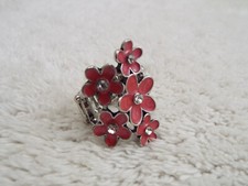Silvertone Rhinestone Pink Flowers Ring Stretchband Size 9 C3