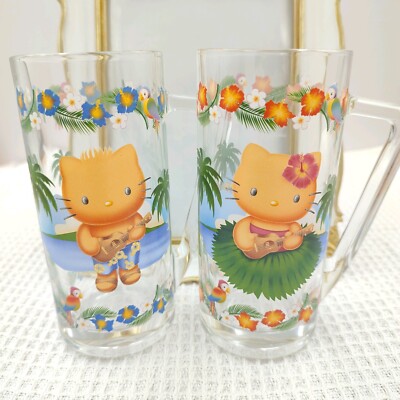 Sanrio Hello Kitty & Daniel Glass Set HAWAII Tanned Skin Limited Japan 2002 RARE
