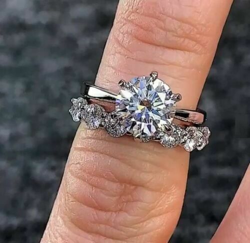 Bague De Fiançailles 3 Pierres En Or Blanc 14k Argent 925 Avec Diamants Simulés - Taille 7 à 10