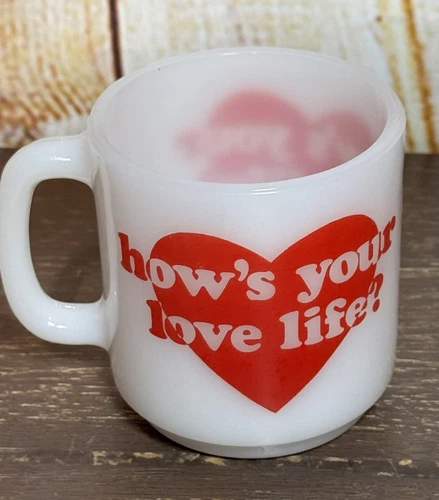 Glasbake Milk Glass Hows Your Love Life Heart Mug Great For Valentine’s Day VTG