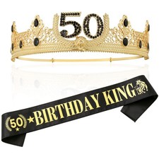 Gold Crown and Sash for 50TH King, Metal Party Decoration for Men