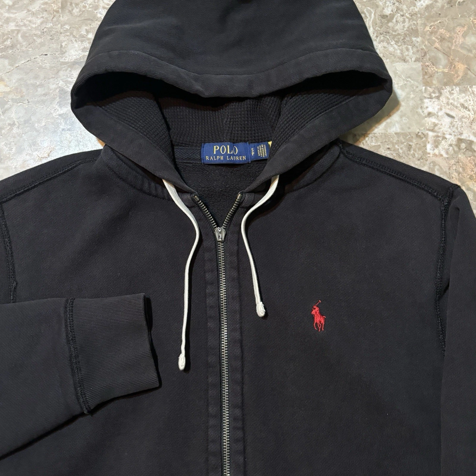 Polo Ralph Lauren Hoodie Mens Small Black Red Pony Full Zip Thermal Hood