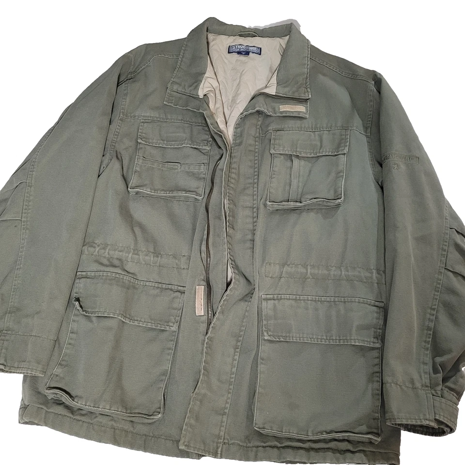 Vtg Structure Canvas Chore Barn Coat Jacket Olive Green Large Military Style - Image 2 of 4