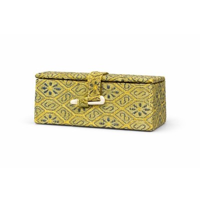 Vintage Green Gold Brocade Small Jewelry Trinket Box Red Velvet Lining Toggle