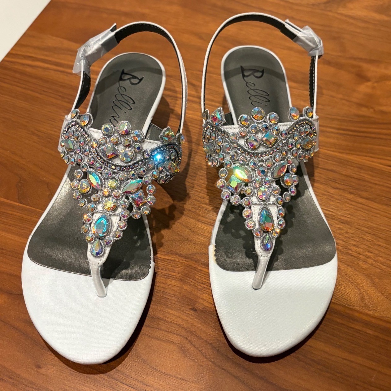 Bellini Loni Wedge Sandals Womens 8W White Rhinestone Crystal Slingback Dressy image 2