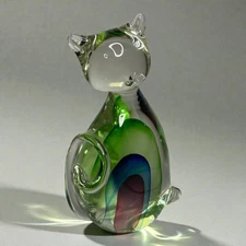 Art Glass Cat Figurine Rainbow Color Paperweight 8” Green Blue Red Swirl
