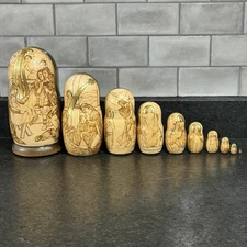 Jesus Nativity And Life Russian Nesting Dolls Wood Burned Hand Painted Signed