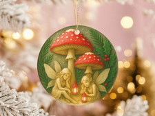 Woodland Fairies Ceramic Ornament Mushrooms Forest Scene Christmas Nature Gift