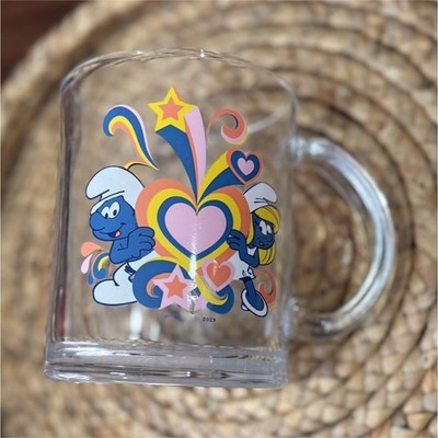 Smurfs Glass Mug with Colorful Heart & Star Design, Blue Pink Yellow, 2023