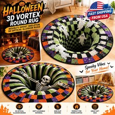 Halloween 3D Vortex Round Rug, Novelty Ghost Skeleton 3D Optical Illusion Rugs