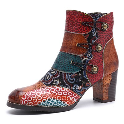Women Embossed Floral Leather Shoes Splicing Chunky Heel Ankle Boots Ladies  Boot