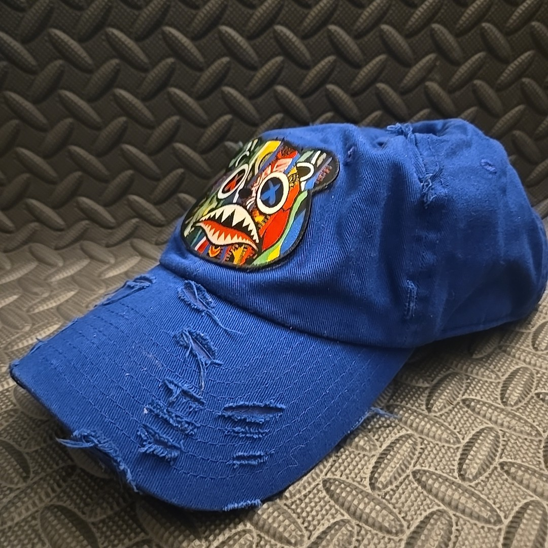 Streetwear Bear Face Hat – Distressed Royal Blue Dad Cap  display picture 2