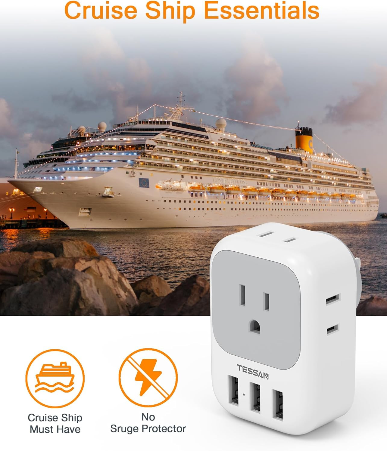 USB Charger Block,  Wall Plug Adapter with Electrical 4 Box Splitter 3 USB Wall 