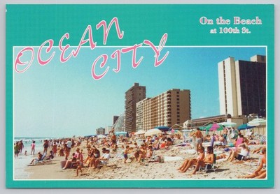 Ocean City MD Beach Crowd 100th St Postcard 1990s HPS Inc Pulling
