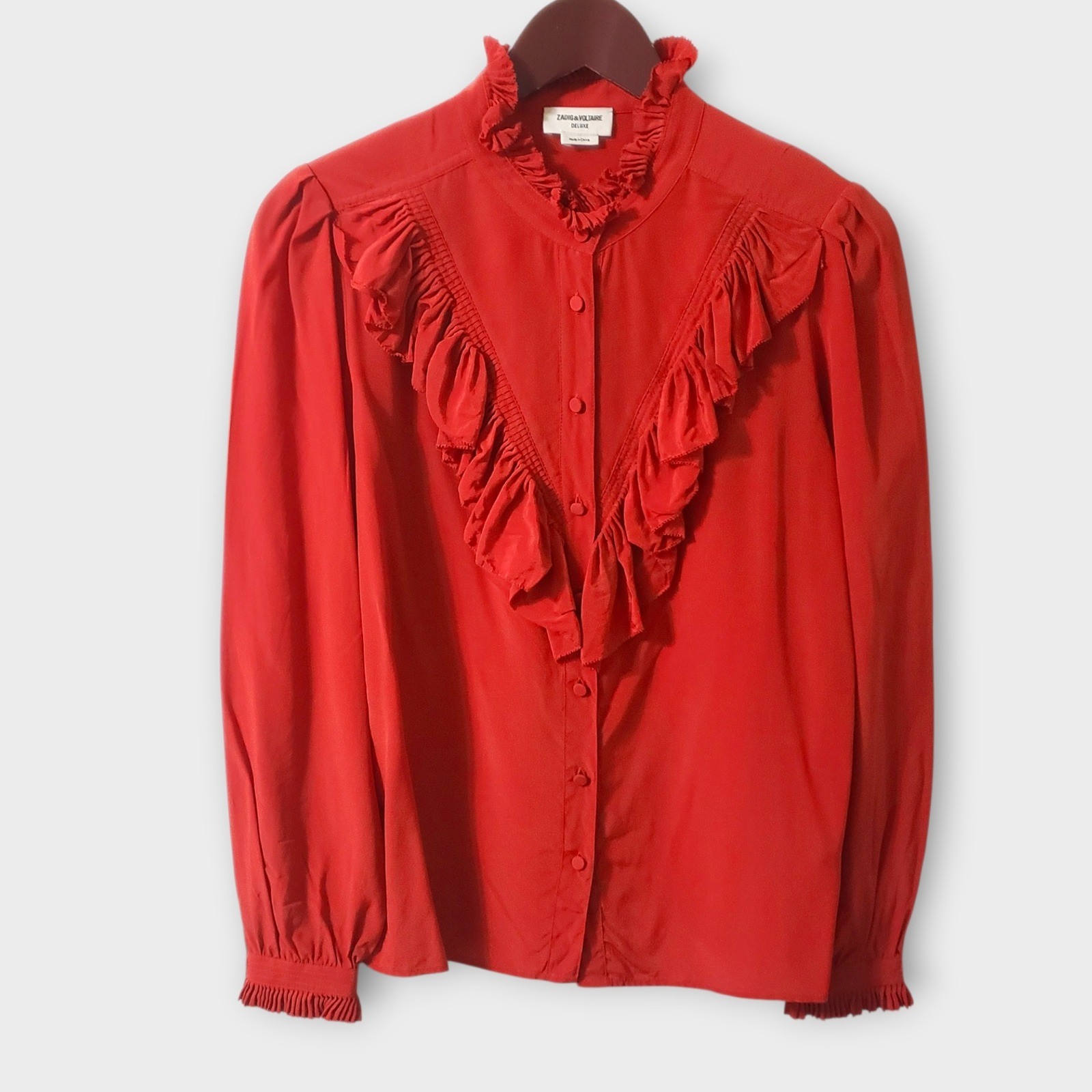 Zadig & Voltaire Taccora Deluxe Red 100% Silk Ruffle Blouse XS WFCP0507F
