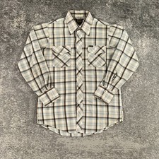 Vintage Lee Western Shirt Mens Large L Beige Brown Plaid 70s 80s USA Made Cowboy