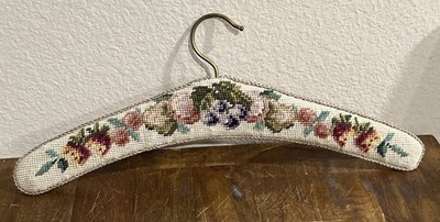 Vintage Padded Needlepoint Clothes Hanger Floral Flowers Tapestry