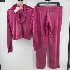  199 Juicy Couture Large OG Bling Velour Tracksuit Festival Fuchsia Hoodie Pant