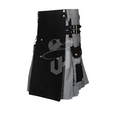 Scottish Black Grey Hybrid Kilt Tartan Pleats Cotton Utility Kilts