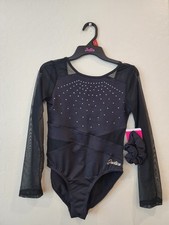 Girls Black Long Sleeve Mesh Rhinestone Gymnastics Leotard Medium NWT