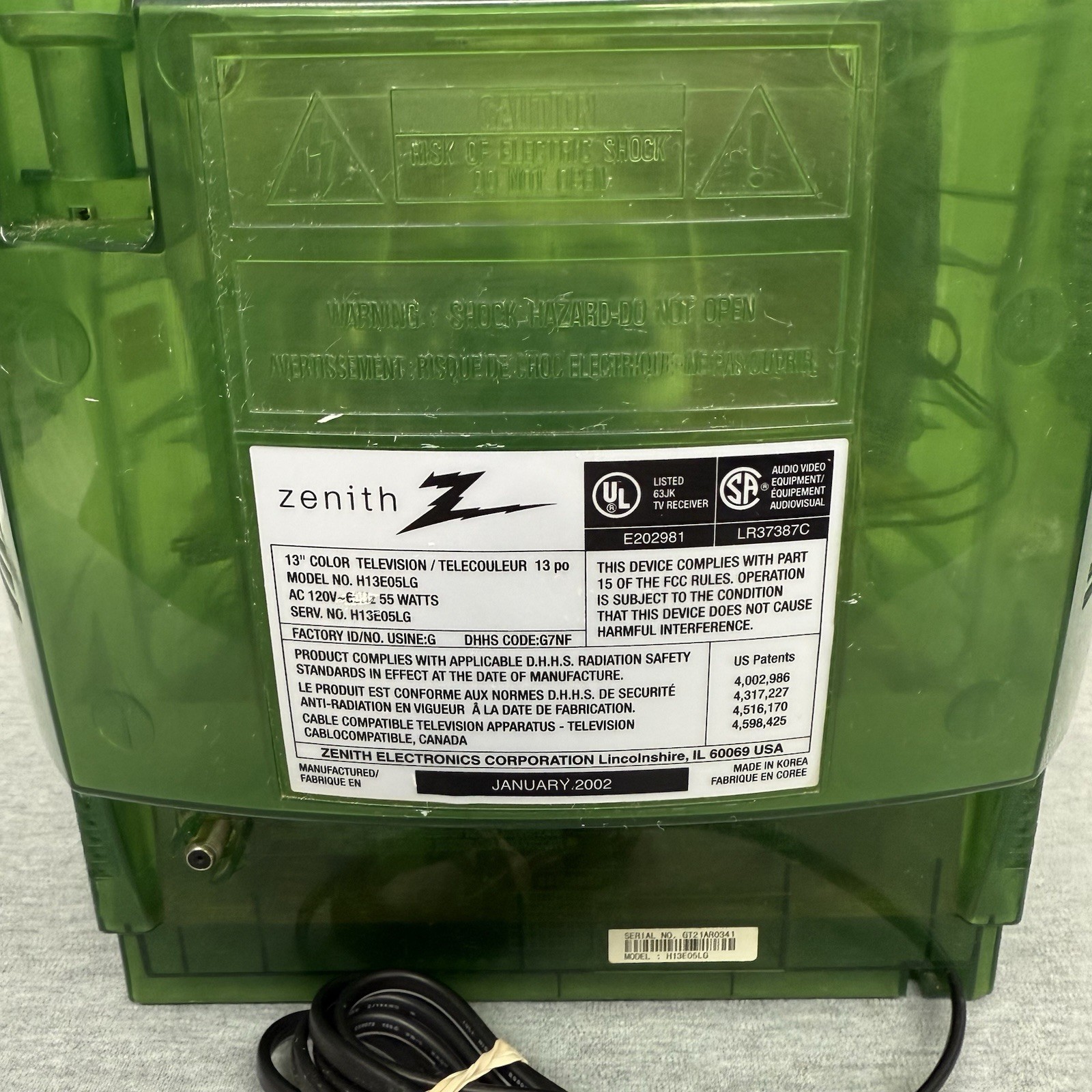 Zenith Translucent Clear Jungle Green 13" Color TV Prison H13E05LG *TESTED*