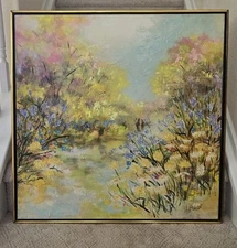 Lynne Heffner Mid Century Oil Painting On Canvas Landscape Floral Yellow Blue 
