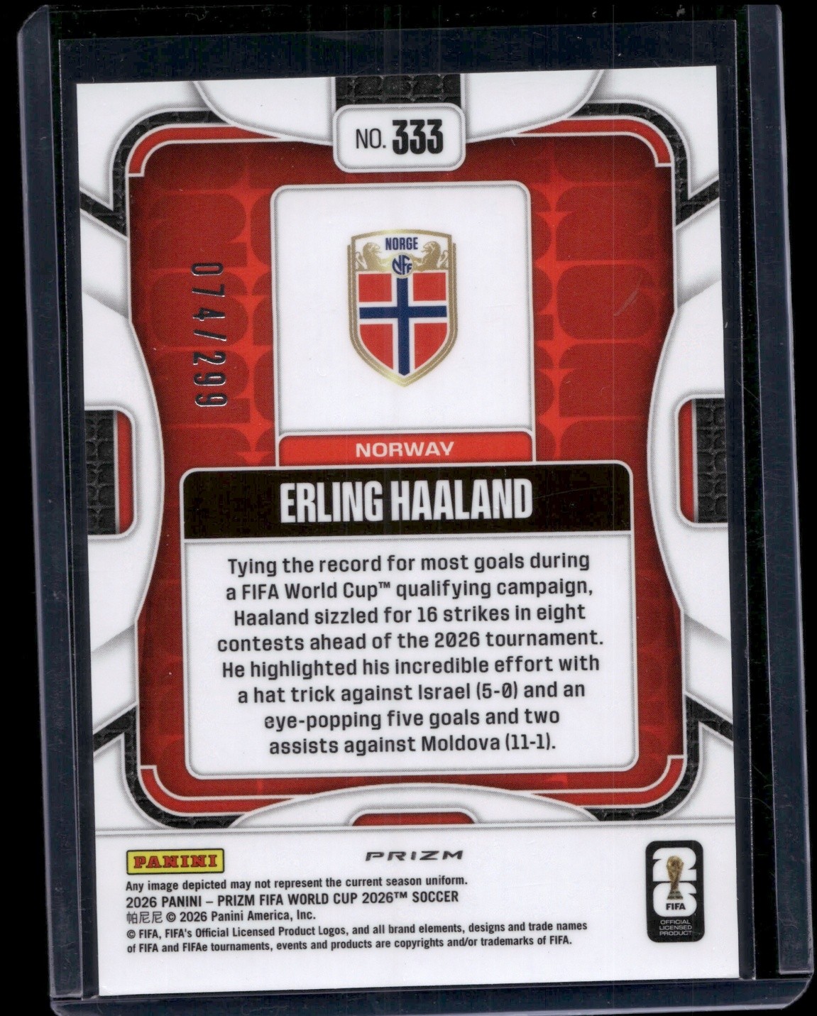 ERLING HAALAND 2026 PANINI PRIZM WORLD CUP #333 PURPLE HYPER 74/299 NORWAY view 2