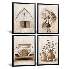 KREATIVE ARTS 4 Piece Farmhouse Wall Art Set Windmill, Barn, Truck, Cotton Fl...