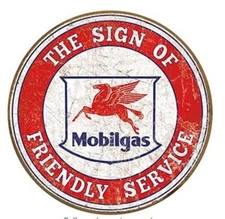 MOBILGAS AND OIL ROUND TIN SIGN FRIENDLY SERVICE  RUSTIC METAL GAS STATION  