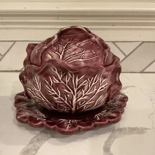 Holland Mold Ceramic Covered Cabbage Bowl , Lid & Saucer Deep Purple  Fava ‘79 