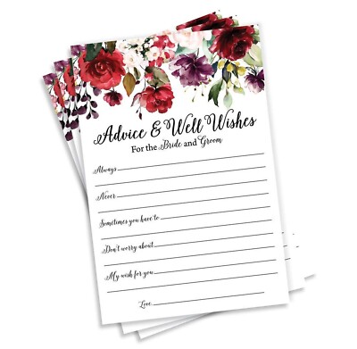 Pack of 50 Wedding Advice Cards for Bride and Groom- Burgundy Well Wishes for...