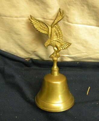 Vintage 8 1/2'' Solid Brass Flying Eagle Hand Dinner Bell India Spread Wings 