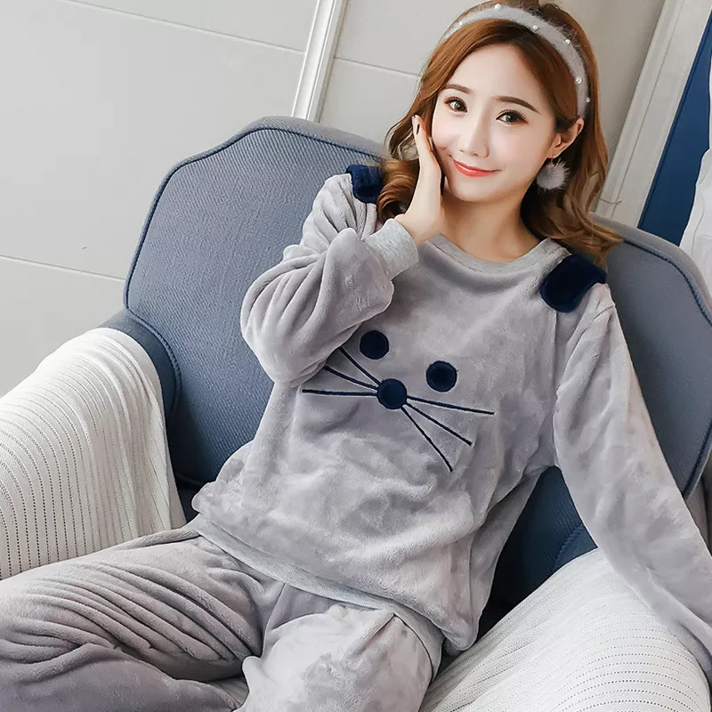 Womens Sleepwear Coral Velvet Ears Pajamas Women Autumn And Winter