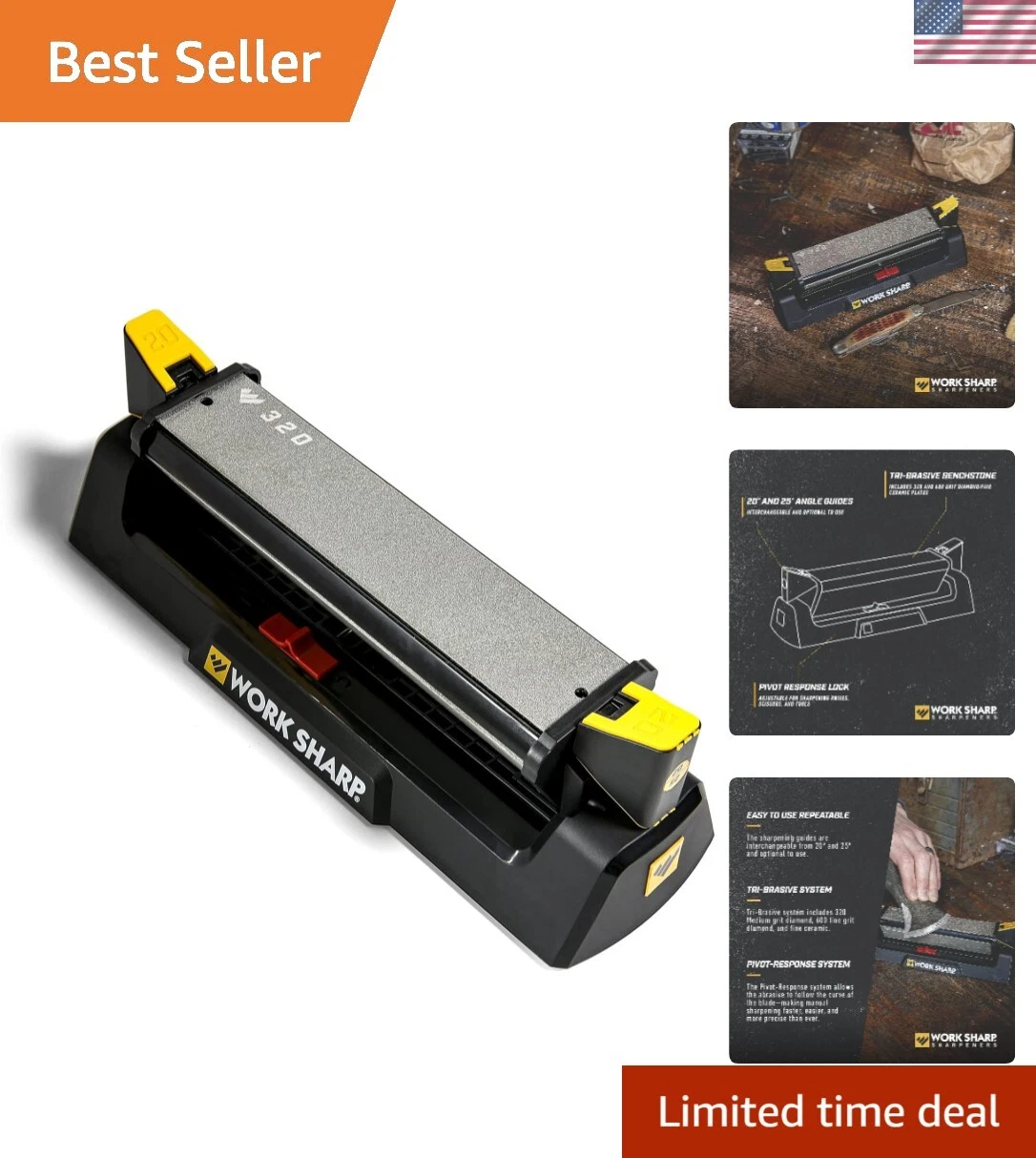 Benchstone Knife Sharpener, 3 sided for faster manual pocket or hunting knife...