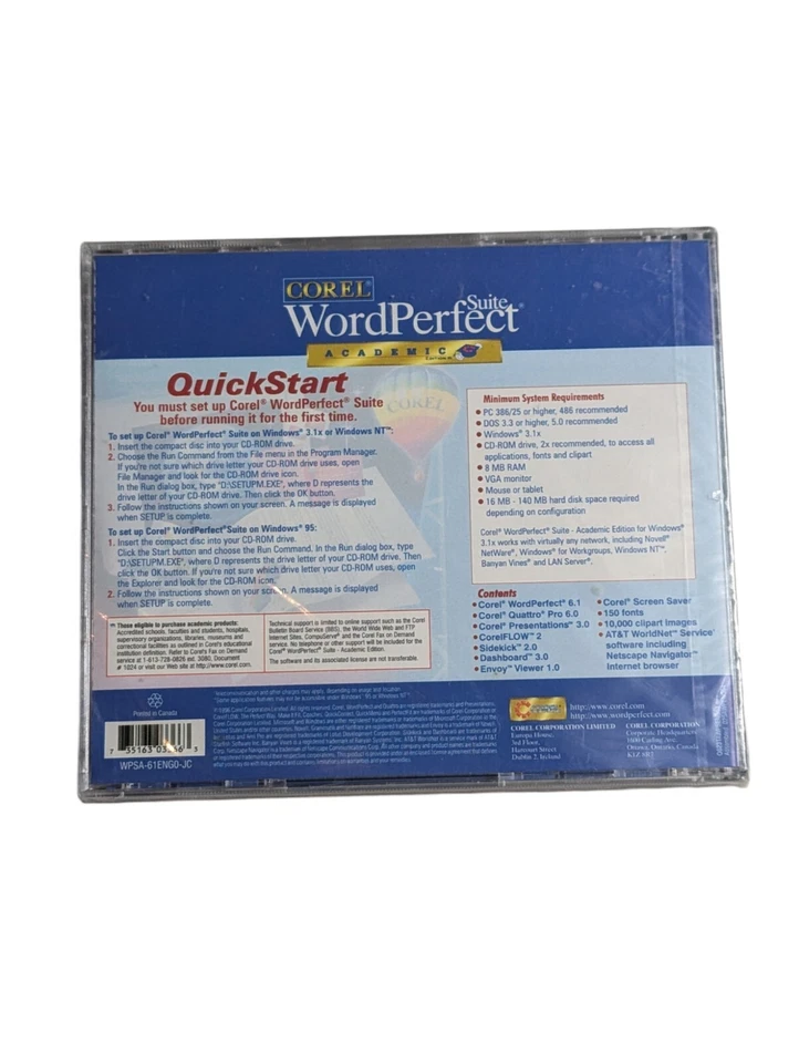 SEALED Vintage 1996 Corel Wordperfect Suite Academic Edition CD For Windows 95 - Image 2 of 2