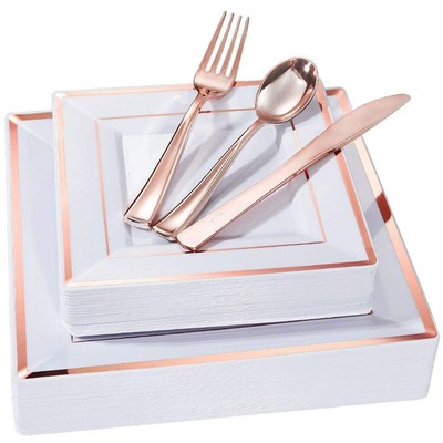 WDF 125pcs Rose Gold Plates with Disposable Silverware - Plastic Plates Dinne...
