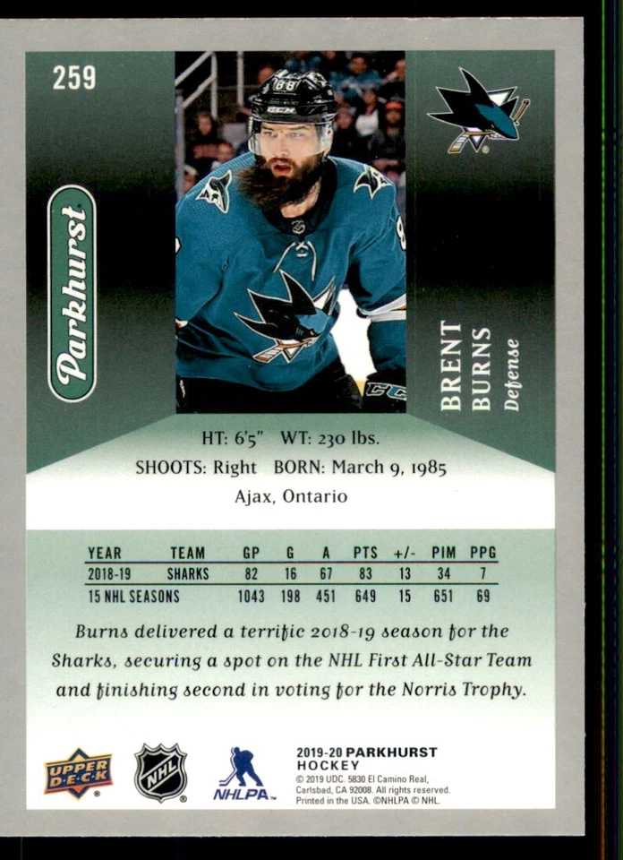 2019-20 Parkhurst Silver #259 Brent Burns San Jose Sharks - Image 2 of 2