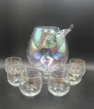 1960s West Virginia Glass Iridescent Optic Loop Pitcher/Glasses 8pc Orig Box NOS