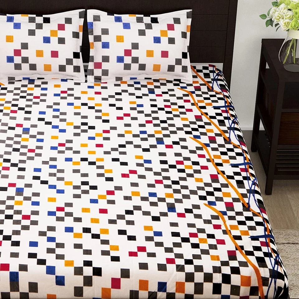 Sábana bajera de algodón tamaño doble con 2 fundas de almohada patrón cúbico, multicolor Foto 3 de 4