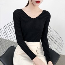 Women Slim Ribbed Knit Basic Sweater Knitwear V Neck Jumper Pullover Tops Soft