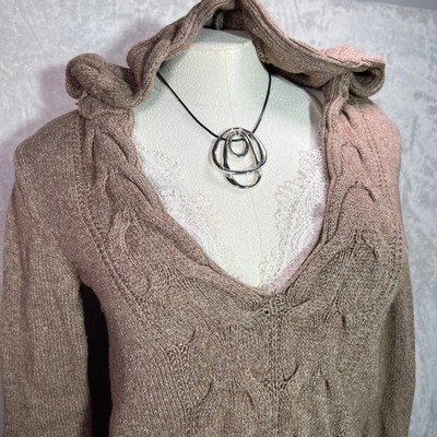 Y2K Old Navy Cable Knit Hooded Sweater XS Brown 2000s Goblin Forest Grunge Wool