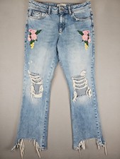 Zara Basic Denim 1975 Floral Embroidered Distressed Jeans Women's Size 6 30x29