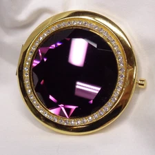 Vtg PURPLE Rhinestone Accent Double Mirror Mirrored Goldtone Purse Compact 3" D