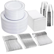 700PCS Silver Plastic Plates - Silver Plate Set 100Guest - Disposable Dinnerw...