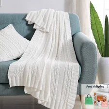 50"x60" Dublin Cable Knit Throw Blanket White - VCNY: Soft Cotton, Machine Wa...