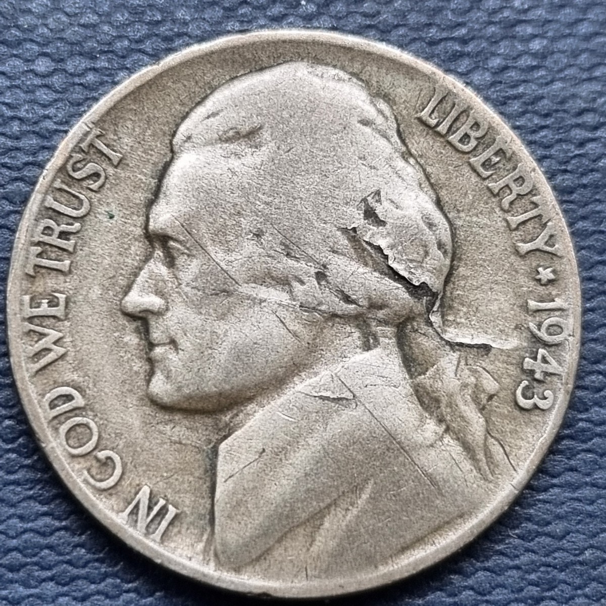 1943 P Jefferson War Nickel - ERROR - Lamination Error