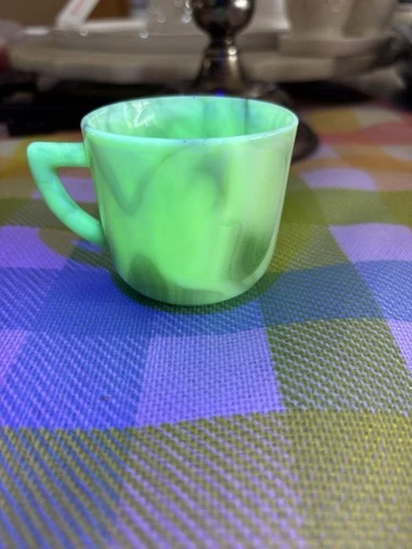 Akro Agate Green and White Slag Glass Children’s Tea Cup Uranium Glass Vintage